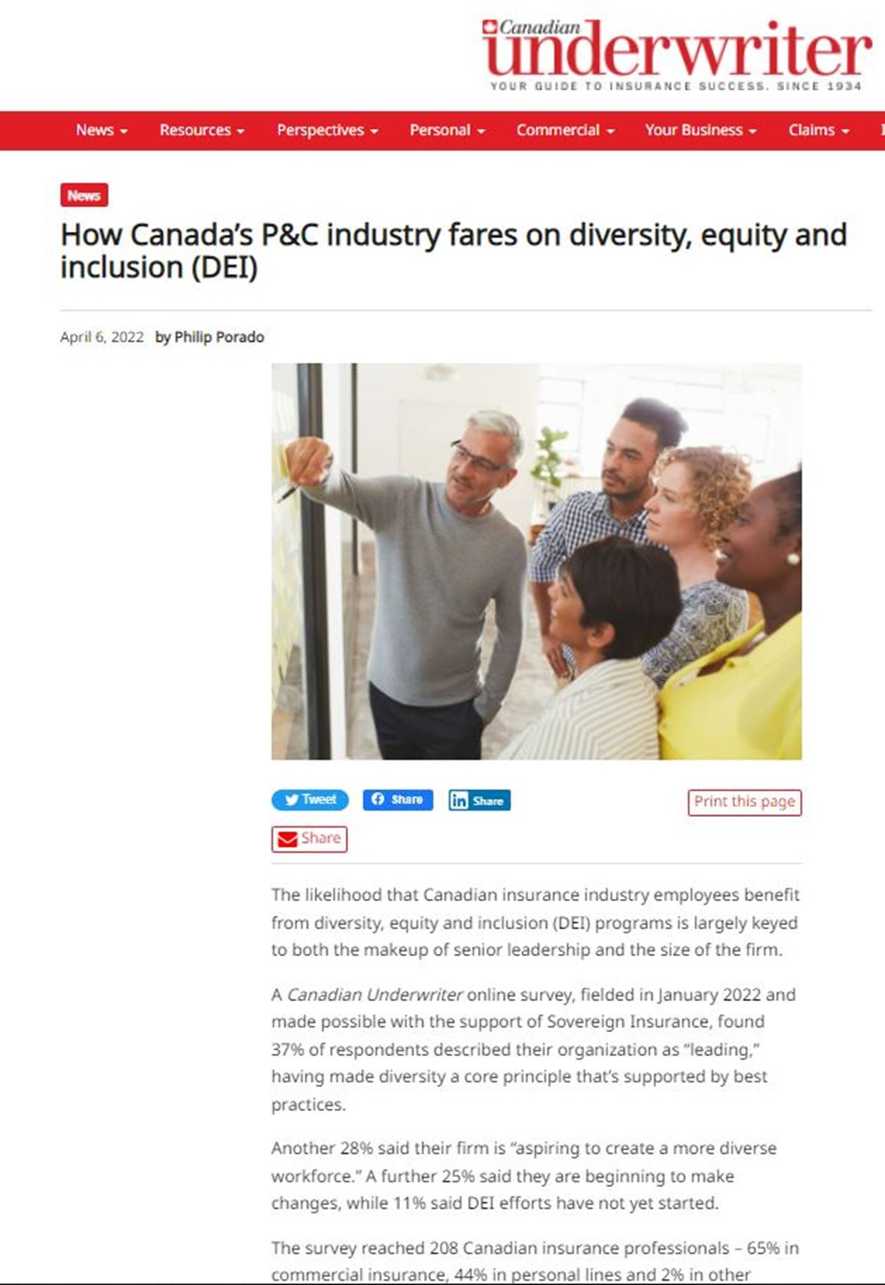 Une capture d'écran de l'article "How Canada’s P&C industry fares on diversity, equity and inclusion (DEI)" en anglais 